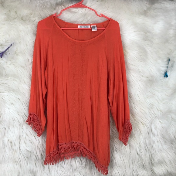 Ladies Orange Tunic w/Crochet Tassel Cuffs & Hem; Asymmetrical Hem; Embroidery M - Picture 1 of 8